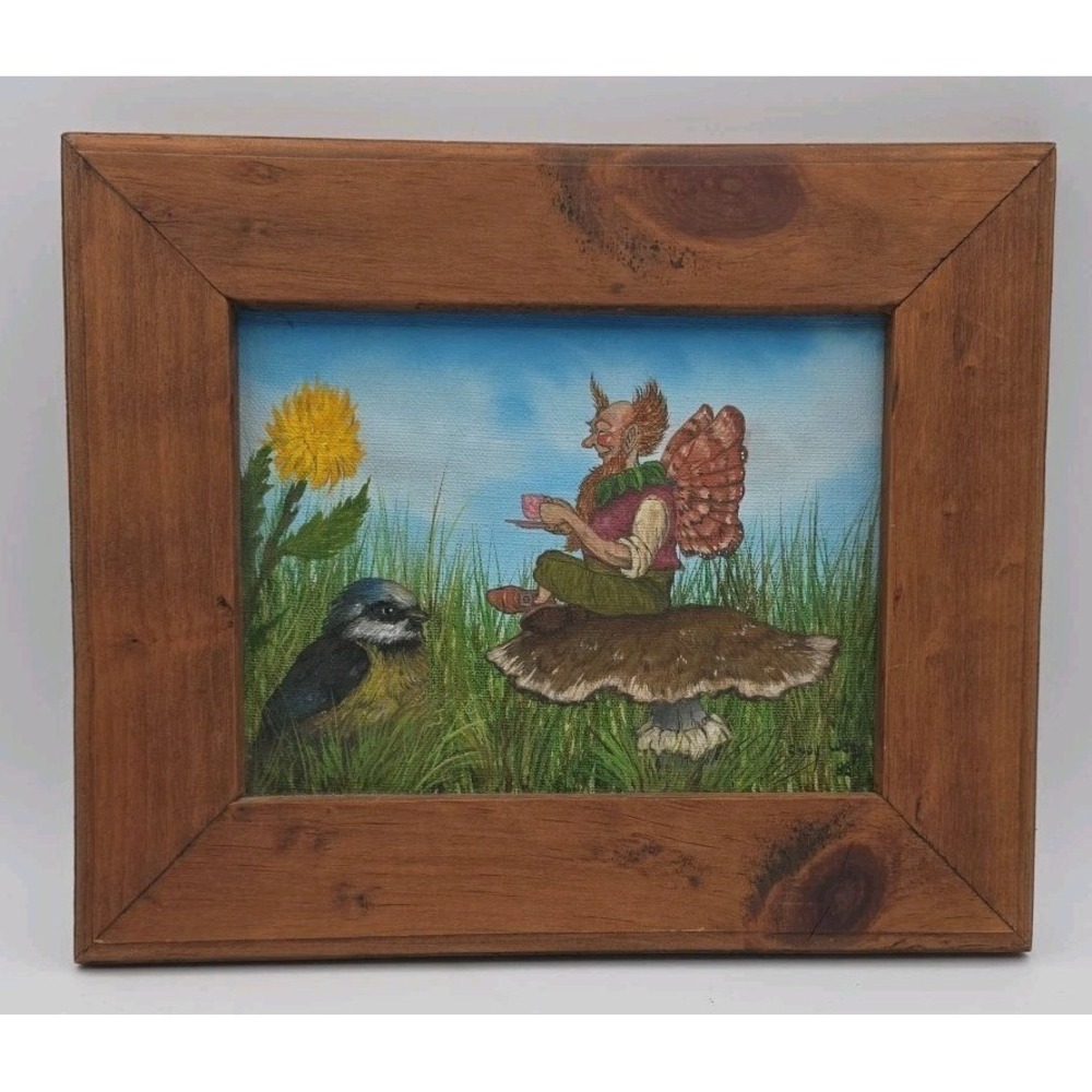Vintage Fairy Tale Art Painting Gnome Mushroom Blue Tit Bird Dandelion Morning